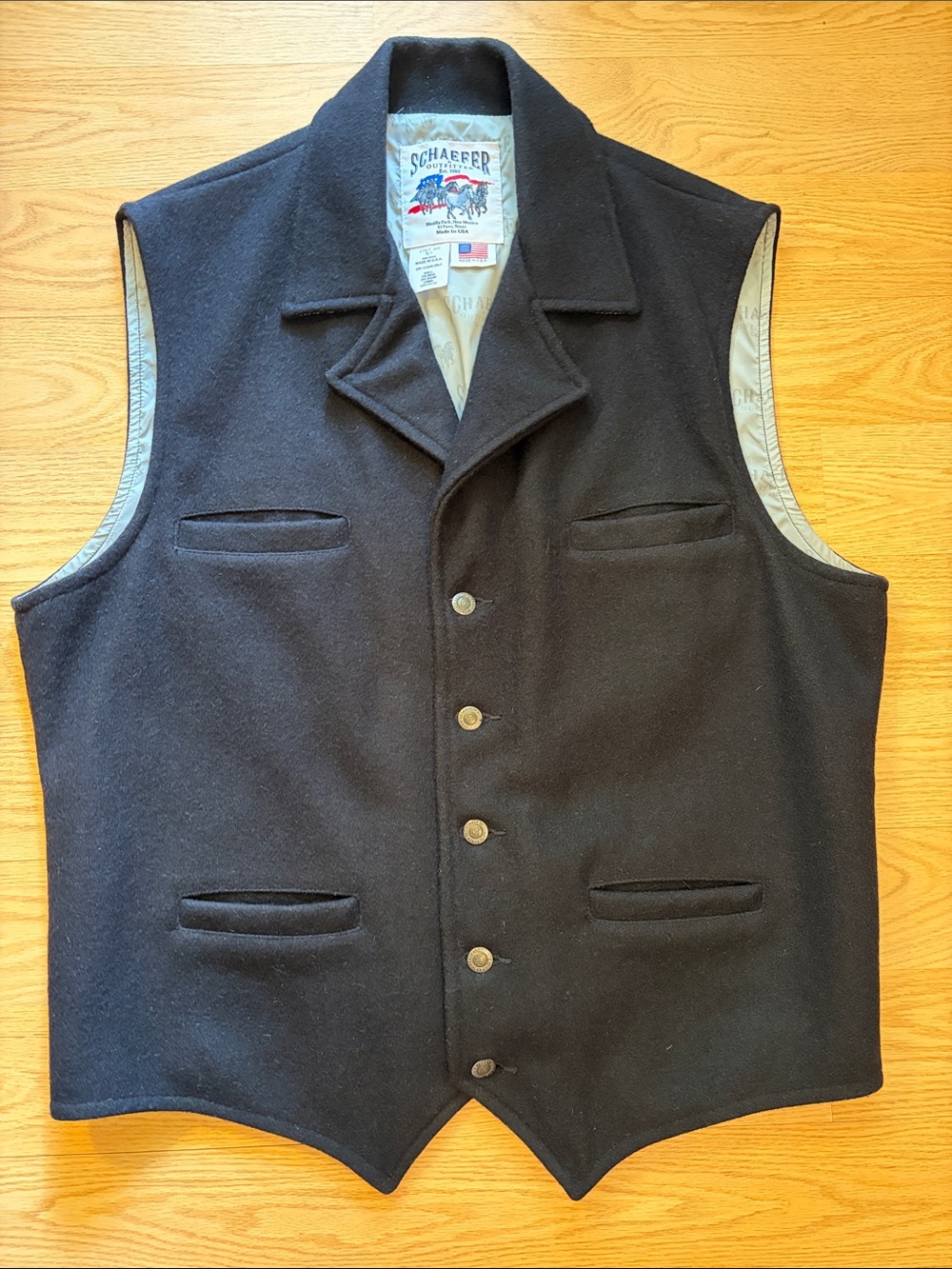 VTG Schaefer Outfitter Cattle Baron Black Wool Vest. Style 305. Made in USA. XLT